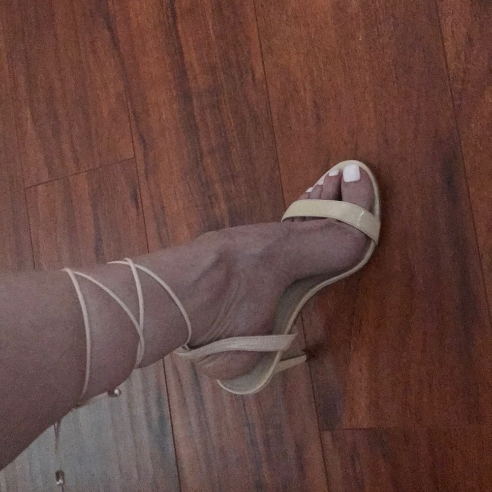 Nude patent lace up heels